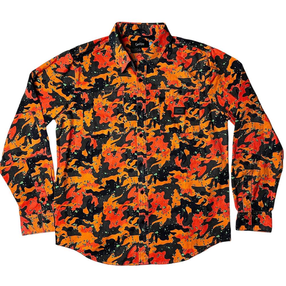 NWT Cookies Orange Camo Print Button-Up Shirt Mens L